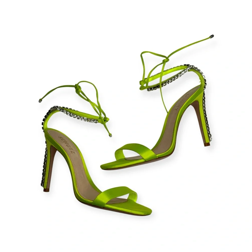 new Schutz 𒀭 Islah Satin + Crystal Heeled Sandals 𒀭Fresh Green [Neon] 𒀭 7.5M